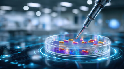 Futuristic laboratory scene featuring robotic arm delicately placing colorful samples onto high tech petri dish, showcasing advanced technology and innovation in scientific research
