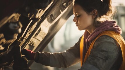 A beautiful female worker inspecting the oil level of a dump truck with the hood open during early morning, highlighting an industrial setting.