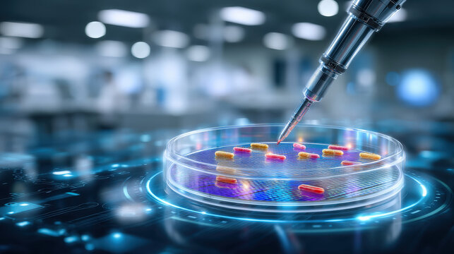 Futuristic laboratory scene featuring robotic arm delicately placing colorful samples onto high tech petri dish, showcasing advanced technology and innovation in scientific research