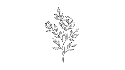 Black and white floral vector of isolated beautiful spring flower blossom, stem, petal, and leaf