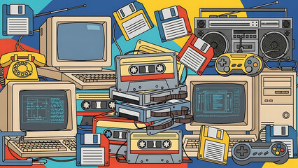 Vintage electronic circuit board with chip and electronic components for retro computer technology or old television display