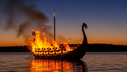 Burning Viking longship sculpture ablaze on water at sunset, concept of Up Helly Aa Festival  