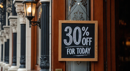 Chalkboard '30% Off for Today' Sale Sign Hanging on Elegant Storefront Glass Door