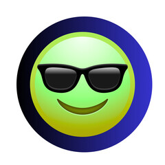 Green smiley face wearing black sunglasses in a blue circle