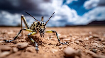 Extreme macro close-up of a brightly striped grasshopper nymph standing aggressively on arid desert earth beneath a dramatic cloudy sky.