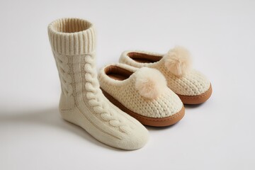 Indulge in cozy comfort with these adorable knitted slippers and socks, perfect for relaxing evenings at home after a long day, promising warmth and relaxation