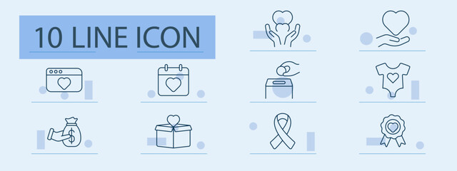 Charity set icon. Heart, hand, calendar, box, ribbon, donation, money, clothes, medal, care, hope, support, help, event, community, kindness, awareness, gift, volunteer