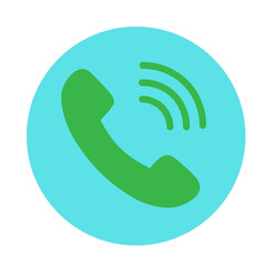 Green telephone handset icon with sound waves on a blue circle