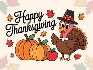 Happy Thanksgiving Turkey Illustration with Pumpkins and Autumn Leaves