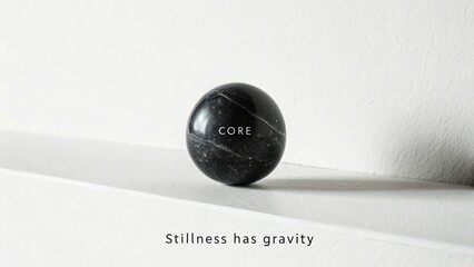 Minimalist black marble sphere on white surface conveying calmness and focus with inspiring text about stillness and gravity