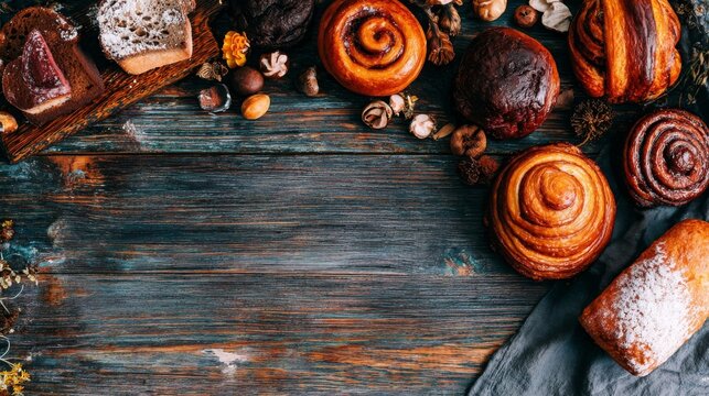 Rustic top view of various baked goods including large cinnamon rolls, dark bread, and loaf cake on an aged wooden table.