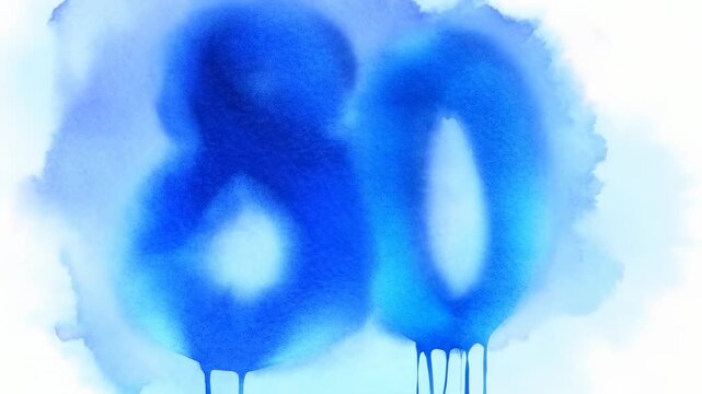 Evolving painted numerals 8 and 0 diffusing on white paper, watercolor bleed and drips increasing