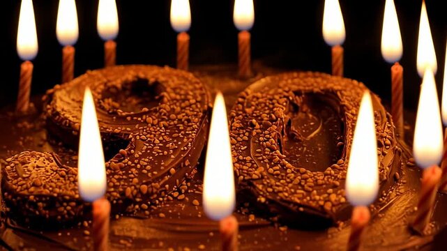 Flickering candle flames from breeze on choc cake lighting dim room, numeral 90 and wax droplets