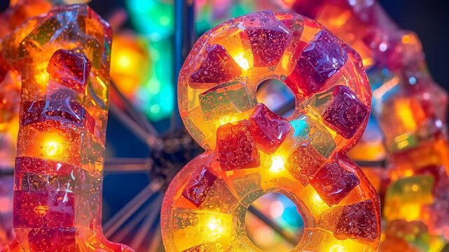 Camera pushing in, revealing resin 18 sign glowing with warm LEDs at market stall showing texture