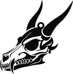 Stylized black silhouette of a dragon skull with sharp horns and teeth on a white background skeleton