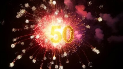 Igniting fireworks bursts behind centered golden numeral 50 at night, marking 50th anniversary - Powered by Adobe