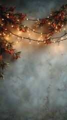 Warm golden Christmas garlands and glowing string lights hanging on a rustic textured wall creating a cozy festive atmosphere perfect for seasonal backgrounds and holiday design projects