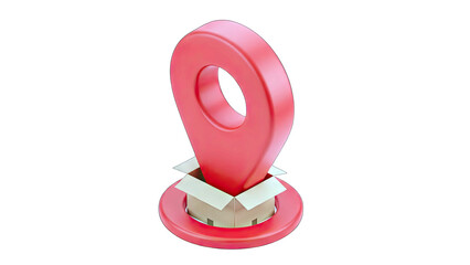 Red Location Pin Emerging From Open Cardboard Delivery Box Representing Package Tracking and Delivery Services on Transparent Background
