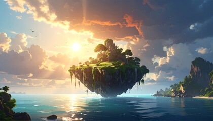 An animated floating island, lush with vegetation, hovers above calm water as the sun sets behind it