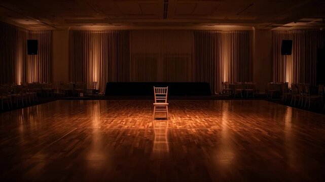 Filming sequence highlighting single wooden chair centered on hardwood floor under amber uplights