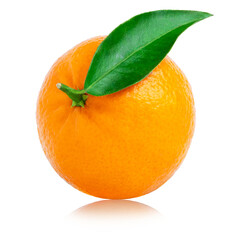 Mandarin or tangerine with leaves isolated on white background, Orange fruit with clipping path. Fresh clementine with green leaf with reflection.