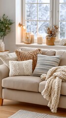 Soft textured winter sofa decorated with knitted pillows and blankets illuminated by gentle warm light creating a cozy hygge-inspired interior perfect for seasonal lifestyle imagery