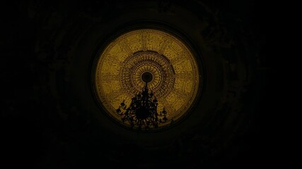 Revealing gilded dome, camera panning upward at opera, chandelier shifting toward medallion - Powered by Adobe