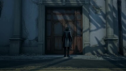 Approaching after street arrival, coat-clad man standing before wooden door, waiting to enter - Powered by Adobe