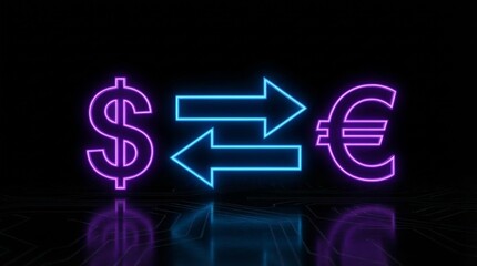 Glowing neon dollar and euro symbols with bright arrows between them on a black background, representing currency exchange and financial transactions.