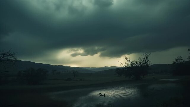 Advancing storm clouds shifting over rural plain, lit horizon band reflecting puddle, duck paddling