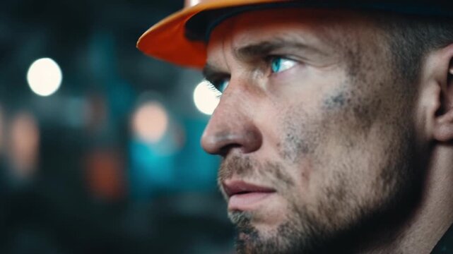 A close-up shot of a handsome male industrial worker with soot on his face, striking blue eyes, and a hard hat, captured in a blurred factory setting.
