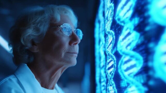 A modern bio-industrial lab setting featuring an elderly female lab manager examining a DNA sequence on a glowing screen, showcasing the intricate details of genetic research.
