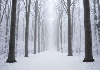 Naklejka premium Snowy forest with bare trees in heavy fog creates a mysterious and serene winter landscape. Path through a cold, silent nature scene for seasonal project.