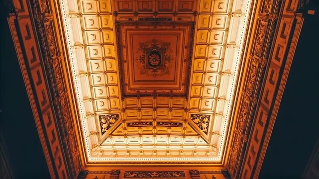 Operator initiating slow upward tilt revealing ornate coffered ceiling at lobby, central medallion