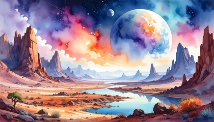 Arid desert landscape featuring a river and cosmic celestial bodies in a colorful sky, rendered in watercolor style