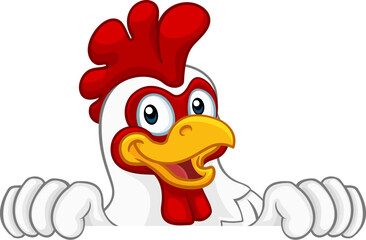 A chicken rooster cockerel bird cartoon character peeking over a sign © Christos Georghiou