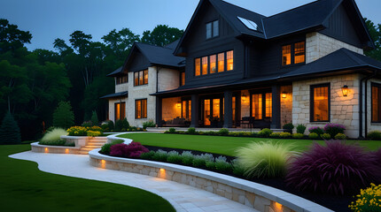 Old English country house architecture with a garden and blue sky