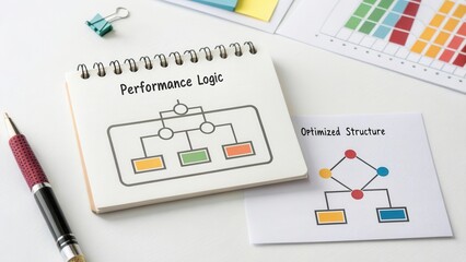 Performance Logic and Optimized Structure Charts on Office Desk for Business Analysis and Planning Purposes