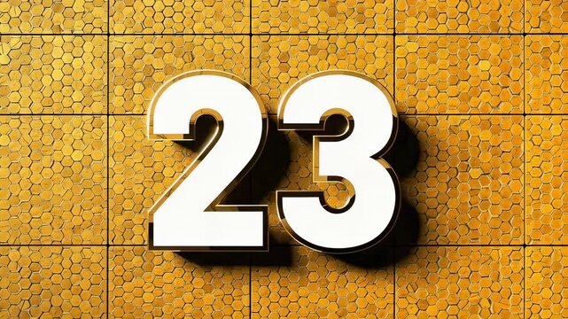Scaling up and brightening white 3D 23 reacting to warming studio lighting, with gold-tiled wall