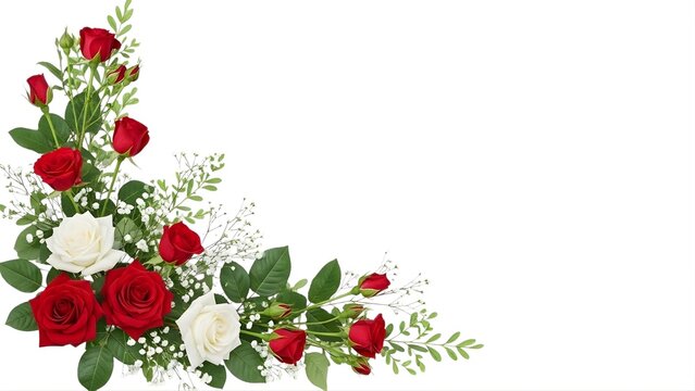 Beautiful corner floral arrangement featuring vibrant red and white roses with delicate babys breath, isolated on white background