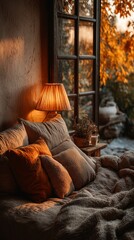Warm ambient bedroom featuring soft pillows, textured blankets and glowing warm lights creating a comforting hygge-inspired autumn interior captured in a peaceful natural atmosphere