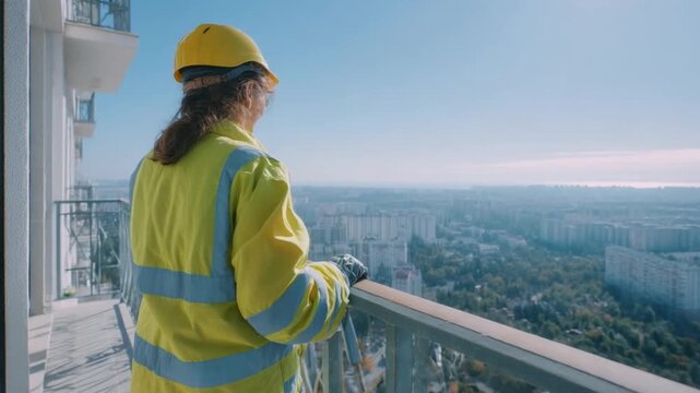 An elderly female safety inspector checking a railing on a high-rise balcony with a wind-blown, vertigo-inducing perspective.