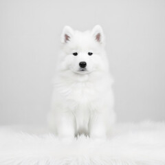 Fototapeta premium Adorable fluffy white samoyed puppy sitting on a soft white fur rug. Cute pet animal with clean, bright coat for warmth and comfort.