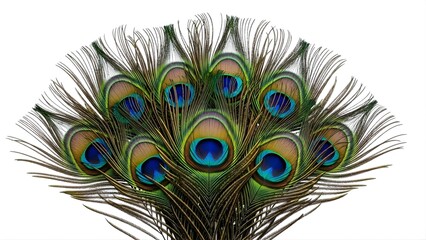 Obraz premium A fan arrangement of vibrant peacock tail feathers with iridescent eye spots isolated on white background