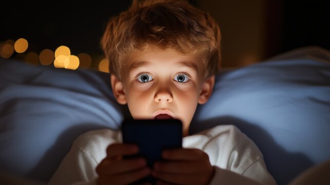 Scared young boy holding a smartphone in a dark room, his wide eyes reflecting shock and tension, symbolizing unsafe internet exposure, digital risks, and the need for parental control
