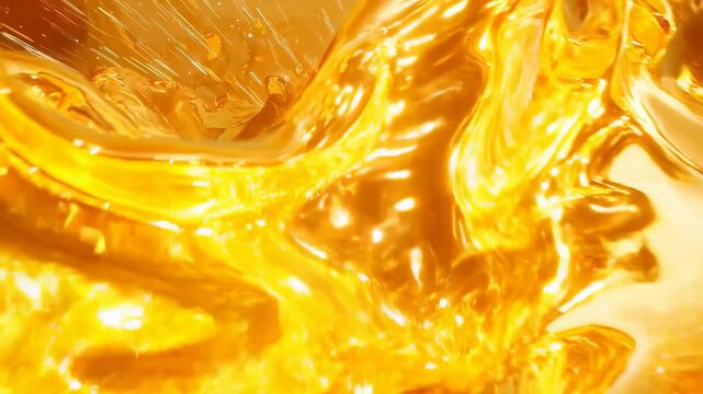 Flowing molten gold forming basin in digital space, camera zooming inward showing bright streaks