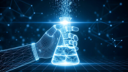 Digital hand holding glowing lab beaker with binary code creating cutting-edge technology concept and innovation in science and medicine research