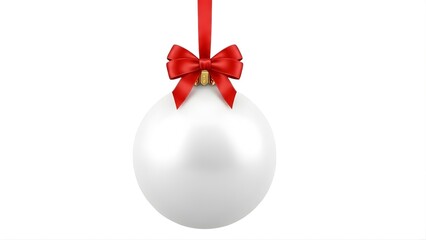 A single white christmas ornament with a bright red bow hanging from a ribbon, isolated on white background