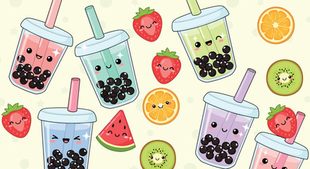 Cute colorful bubble tea cups with kawaii fruit characters, sweet boba drinks, playful cartoon background, adorable seamless beverage illustration pattern
