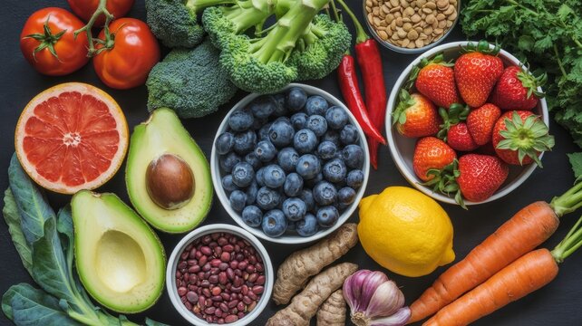 Vibrant overhead view of a healthy assortment of fresh fruits vegetables and legumes arranged artfully on a dark surface